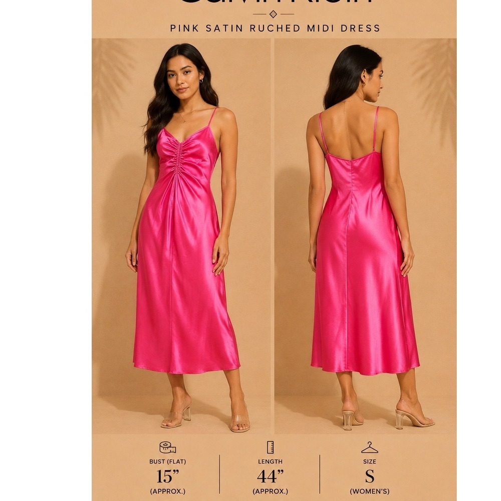 A New Day Hot Pink Satin Ruched Midi Dress Small Fuchsia Slip Cocktail Dress